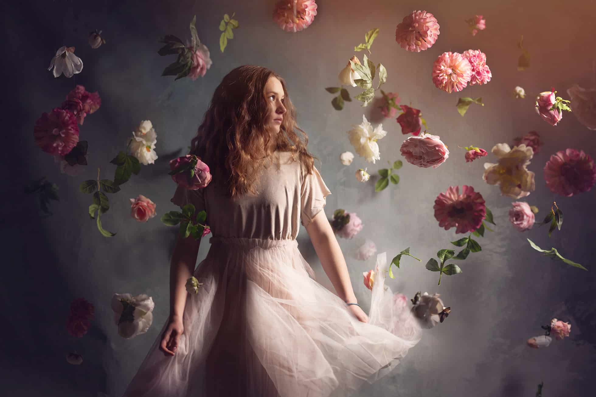 boulder photographer girl with flowers floating around her